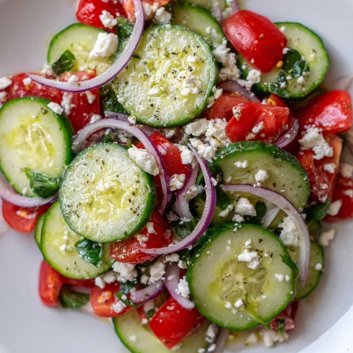 Fresh Italian cucumber salad featuring sliced vegetables tossed in tangy vinaigrette dressing