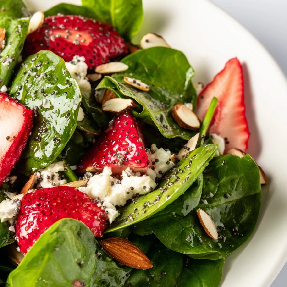 Fresh strawberry spinach salad topped with crumbled feta cheese and toasted almonds