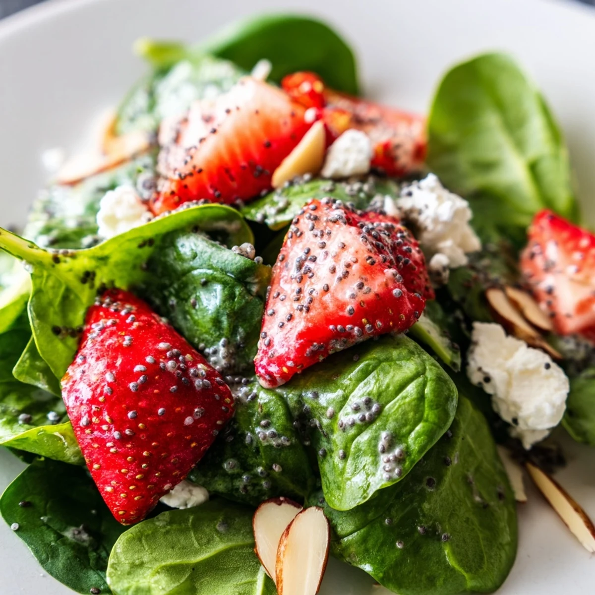 Bright strawberry spinach salad with glossy balsamic poppy seed dressing drizzled on top