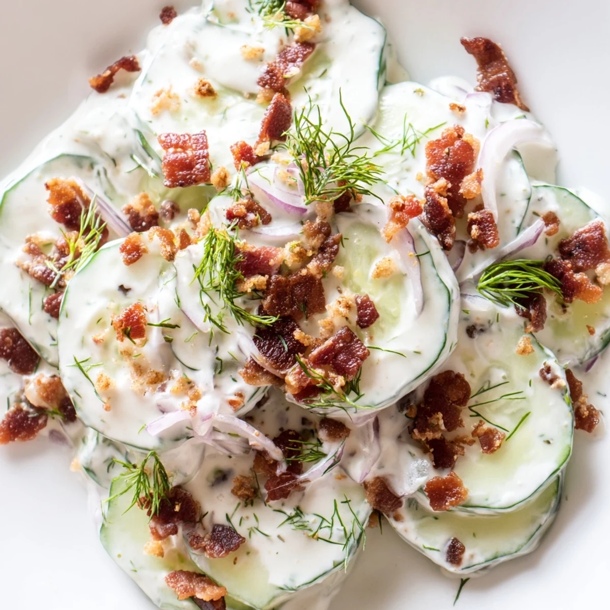 Crisp cucumber salad with crumbled bacon and fresh dill in creamy tangy dressing