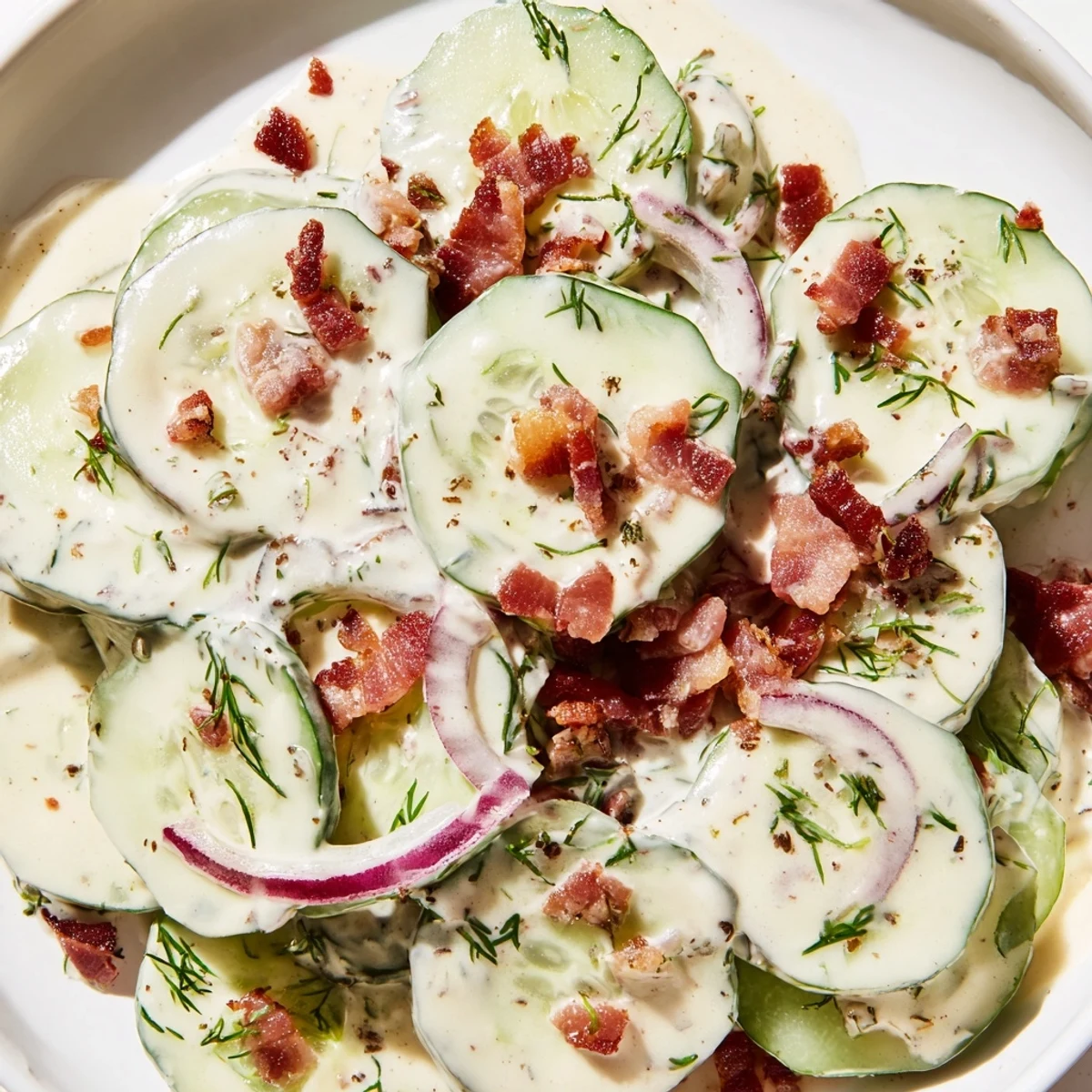Thinly sliced cucumbers and red onion tossed with smoky bacon in yogurt dressing