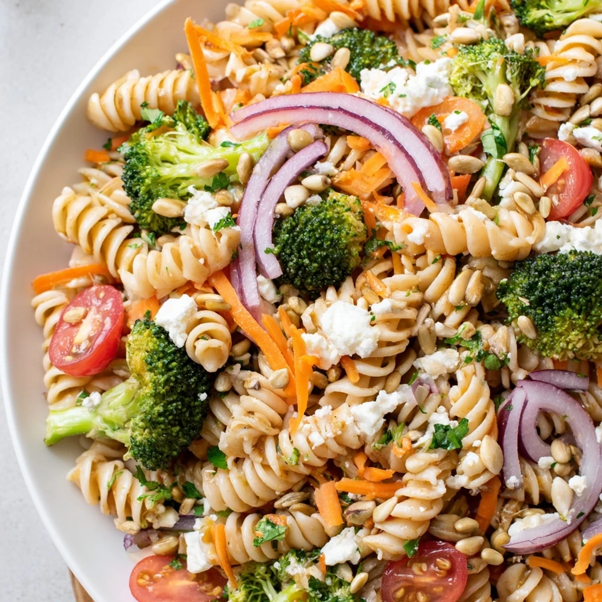 Bright broccoli pasta salad tossed with cherry tomatoes and creamy feta in bowl
