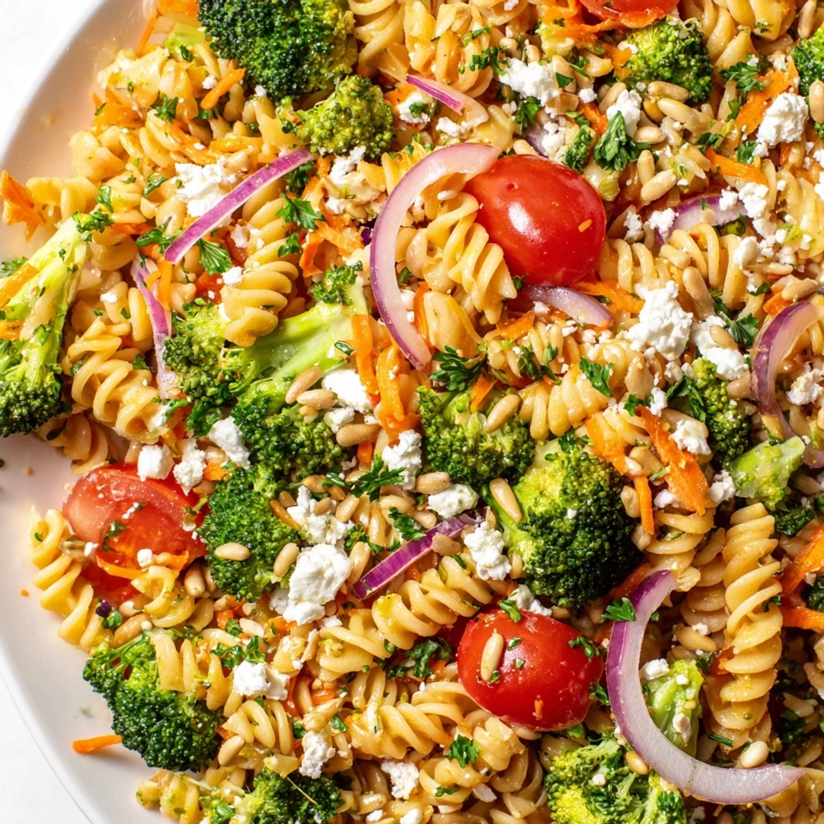 Fresh broccoli pasta salad with zesty lemon dressing drizzled over crisp colorful vegetables