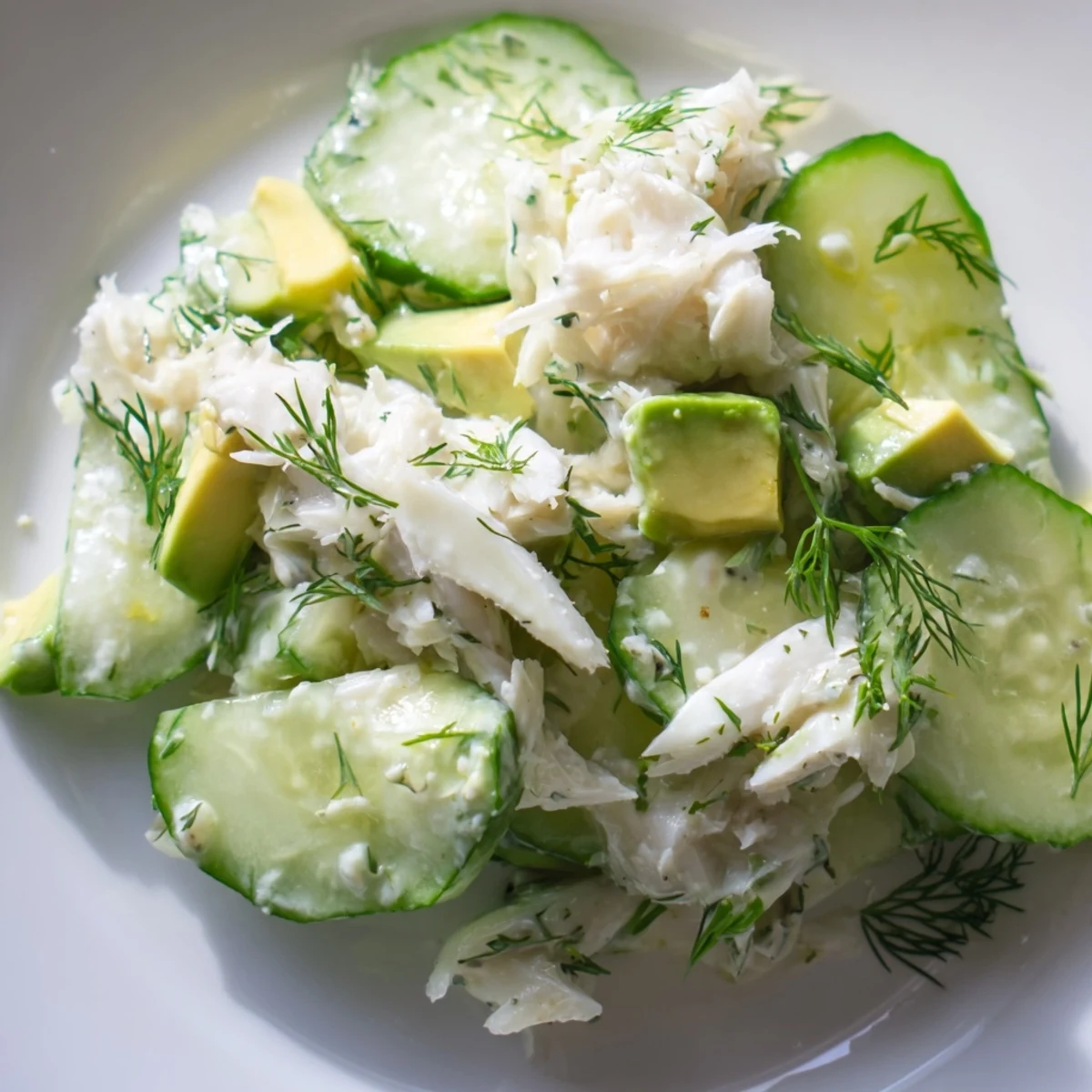 Cucumber salad with crab meat in creamy dressing, garnished with fresh dill and lemon wedges