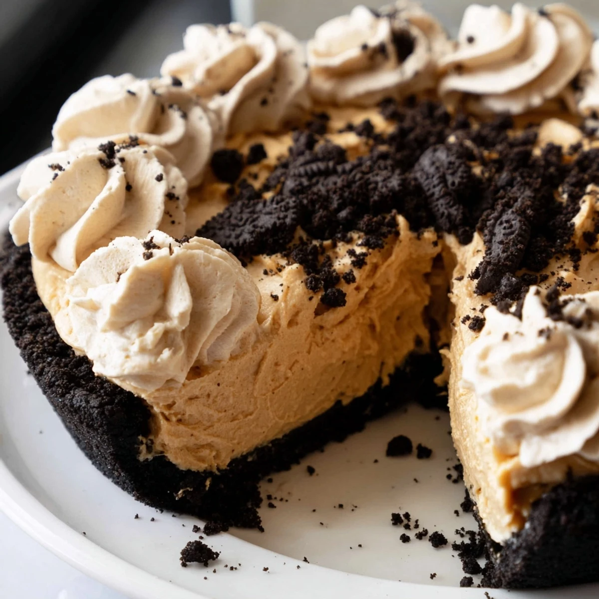 Creamy peanut butter Oreo pie with whipped topping and cookie crumbles on a dessert plate
