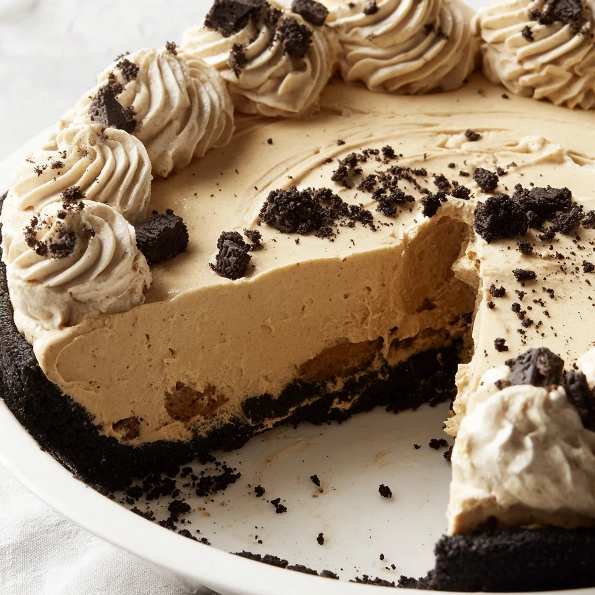Rich peanut butter Oreo pie sliced to reveal layers of smooth filling and chocolate crust