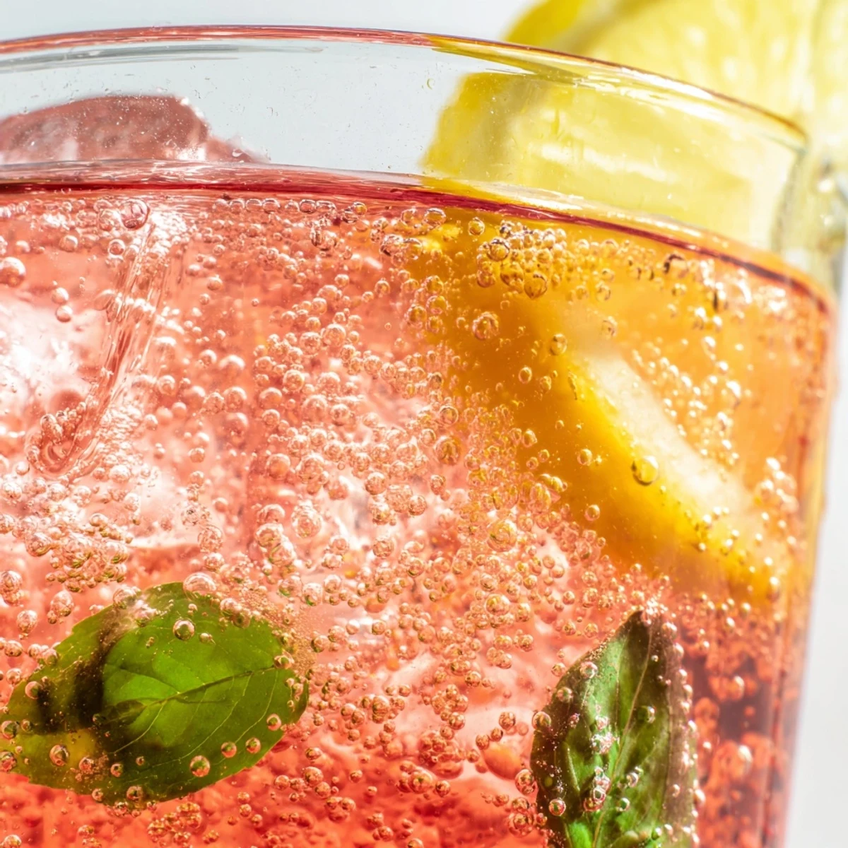 Refreshing honey lemon pink soda served over ice with fresh mint and lemon slices garnish