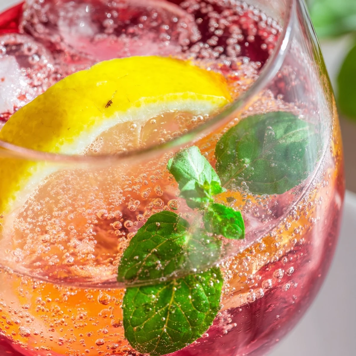 Sparkling honey lemon pink soda in tall glasses with bright citrus slices and mint leaves