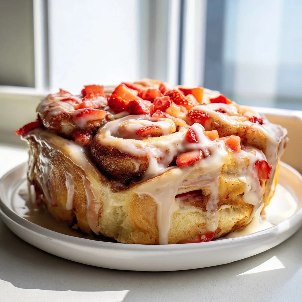 Golden strawberry cheesecake Cinnabon rolls dripping with creamy vanilla glaze close-up