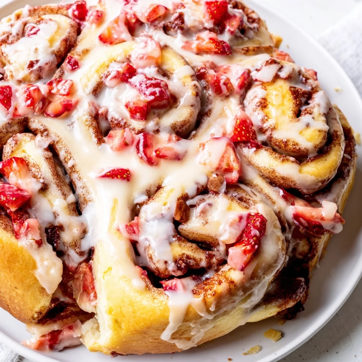 Warm cinnamon-sugar swirls stuffed with cheesecake and strawberries in a baking dish