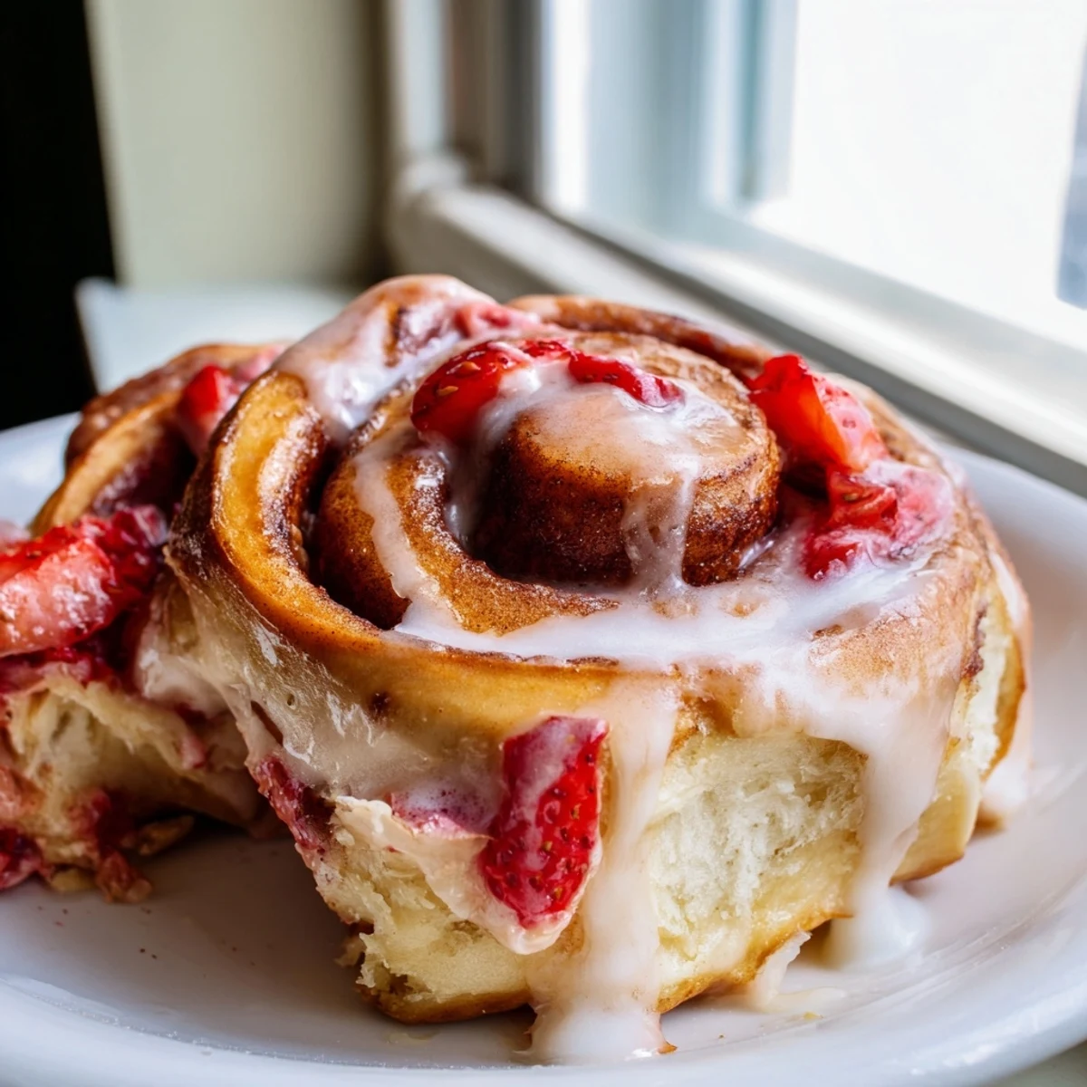 Pillowy strawberry cheesecake Cinnabon rolls drizzled with sweet vanilla glaze on platter