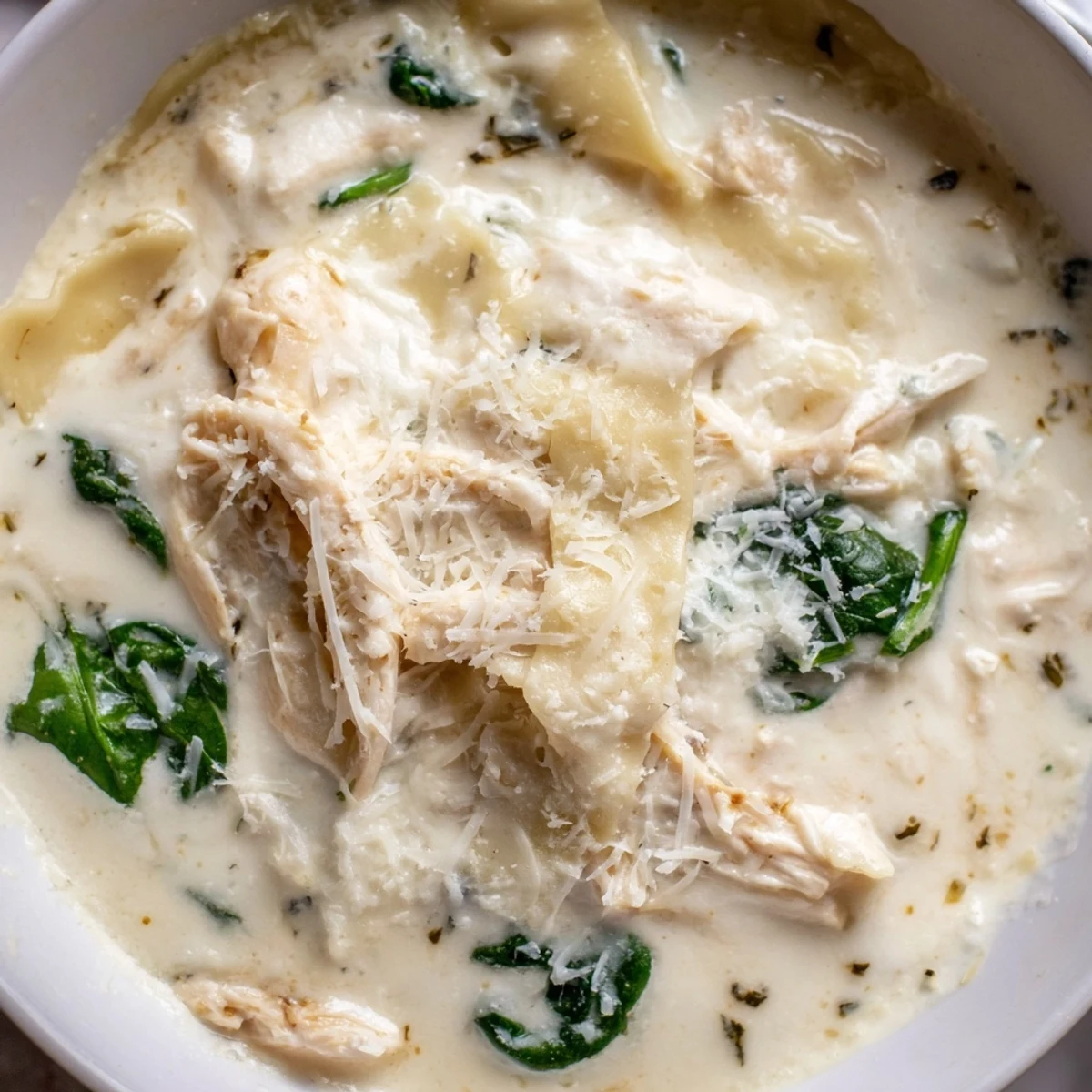 Steaming bowl of white lasagna soup topped with grated Parmesan and fresh cracked pepper