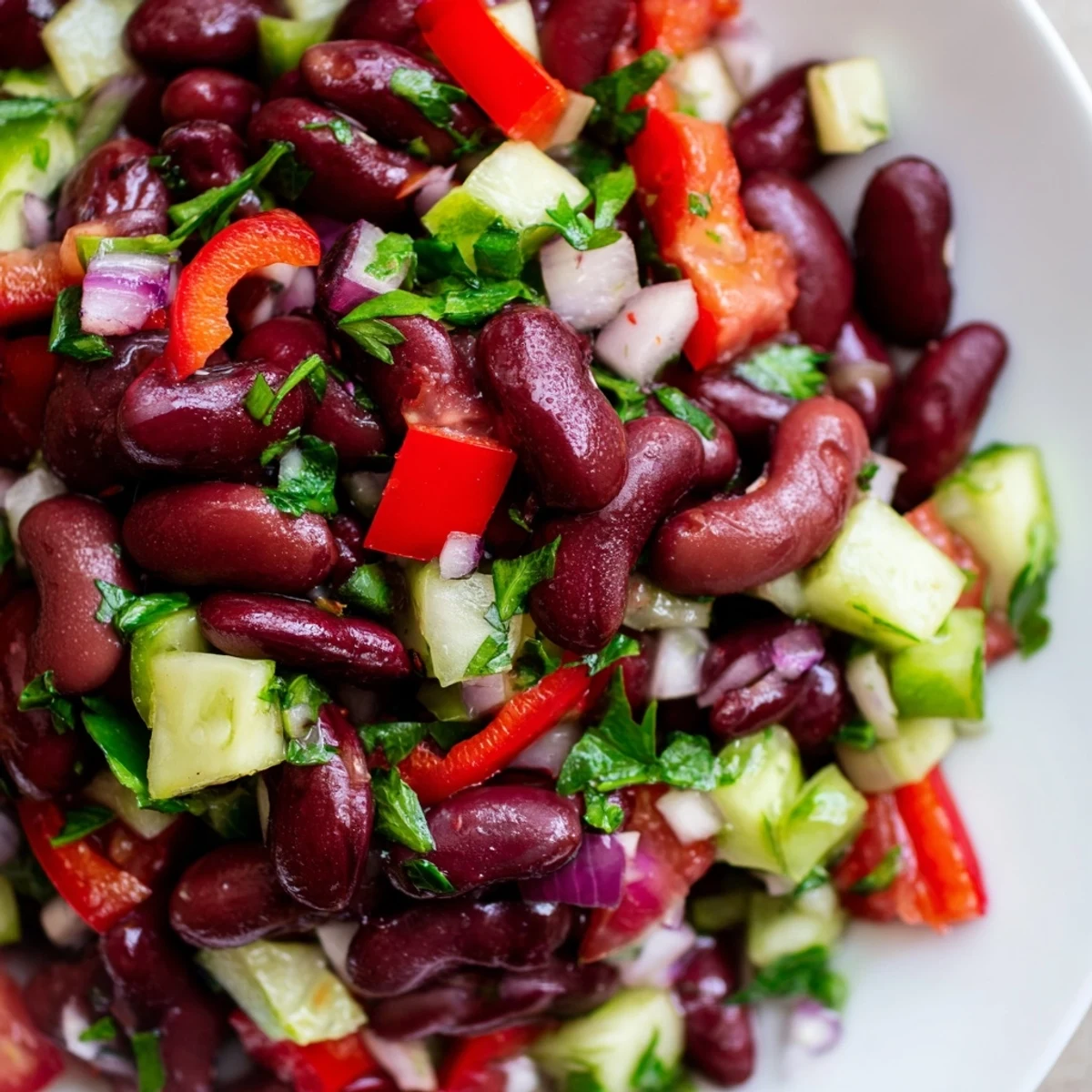 Colorful kidney bean salad tossed with crisp vegetables in a tangy vinaigrette dressing