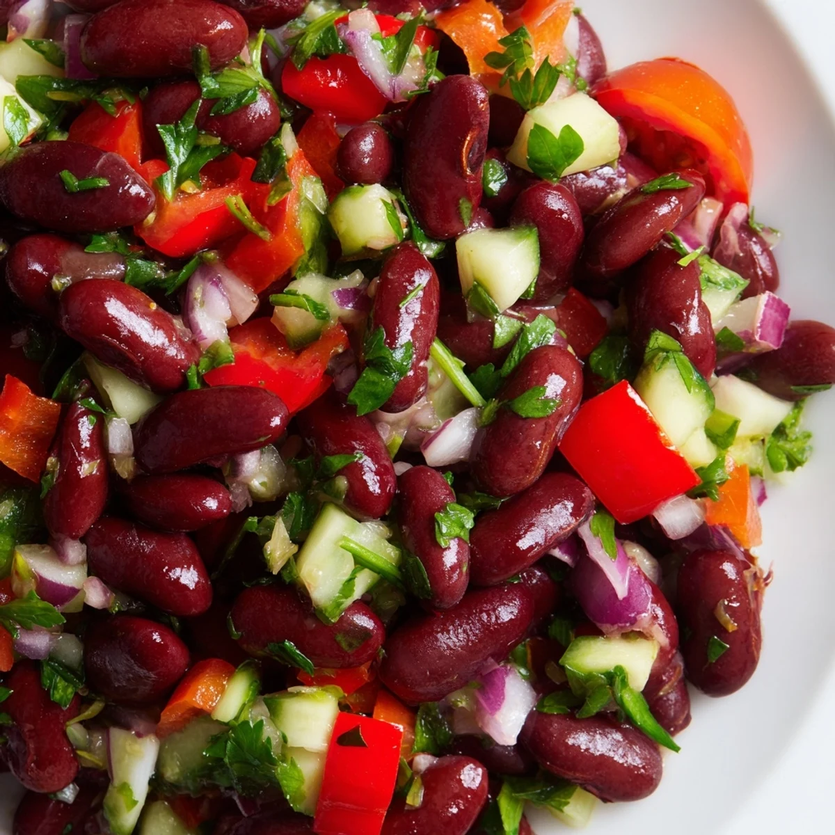 Kidney bean salad served in a bowl with red peppers, cucumber, and fresh parsley
