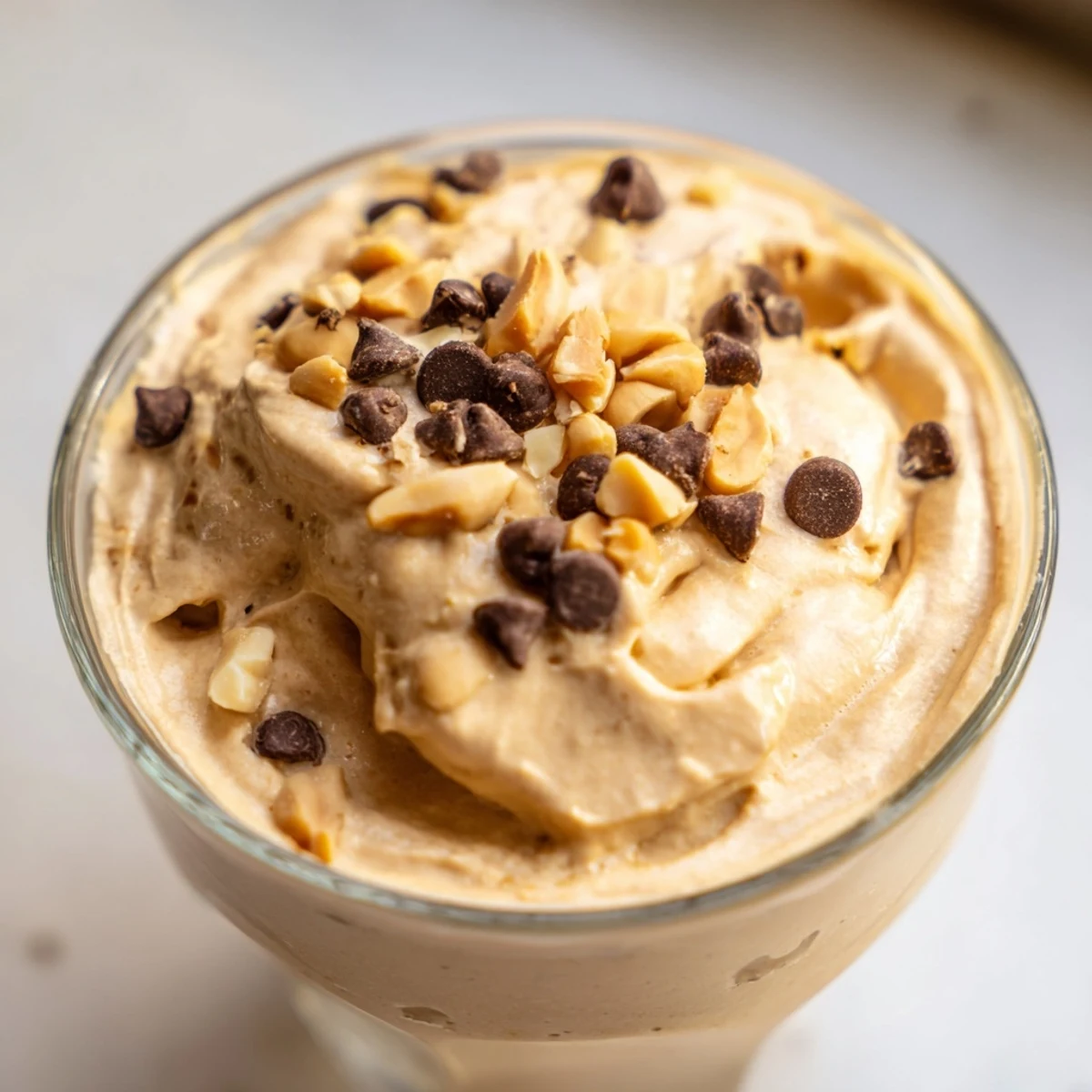 Creamy Peanut Butter and Cool Whip Mousse topped with chopped peanuts and chocolate shavings in glass