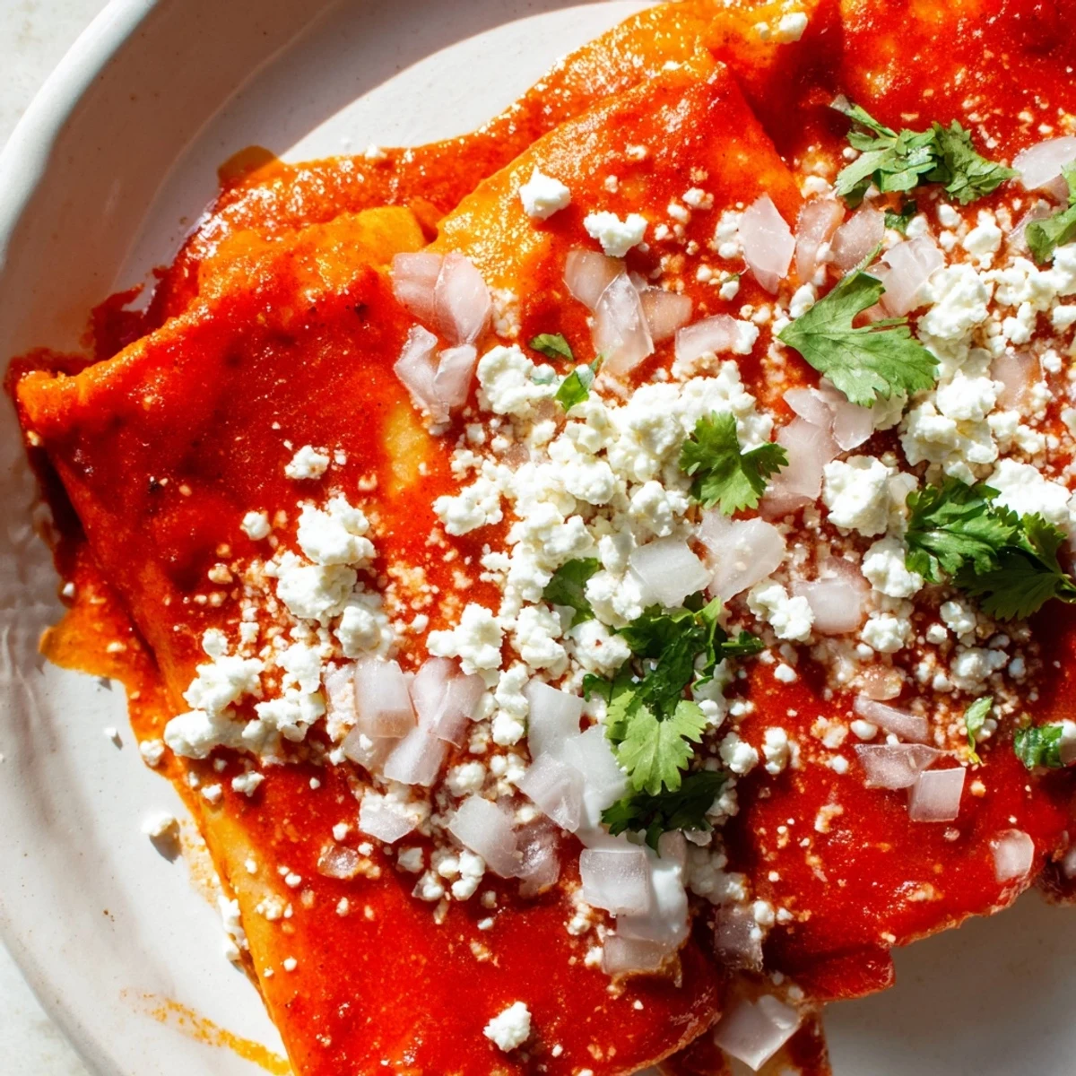 Warm corn tortillas dipped in vibrant tomato sauce filled with creamy queso fresco and onions