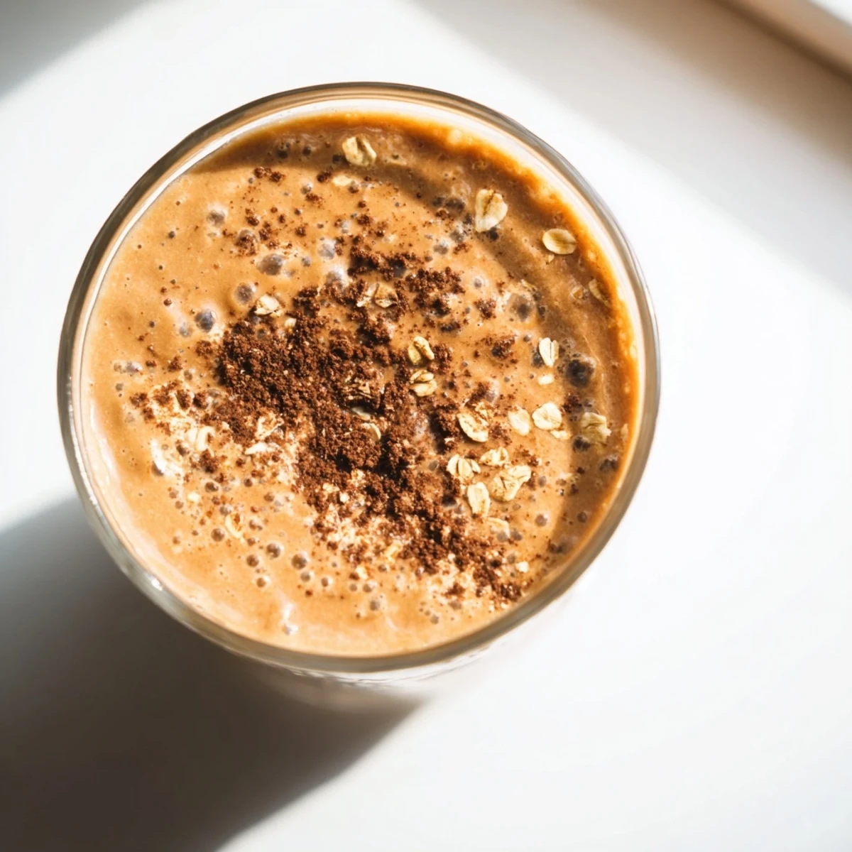 Creamy coffee smoothie in a glass topped with a sprinkle of cinnamon