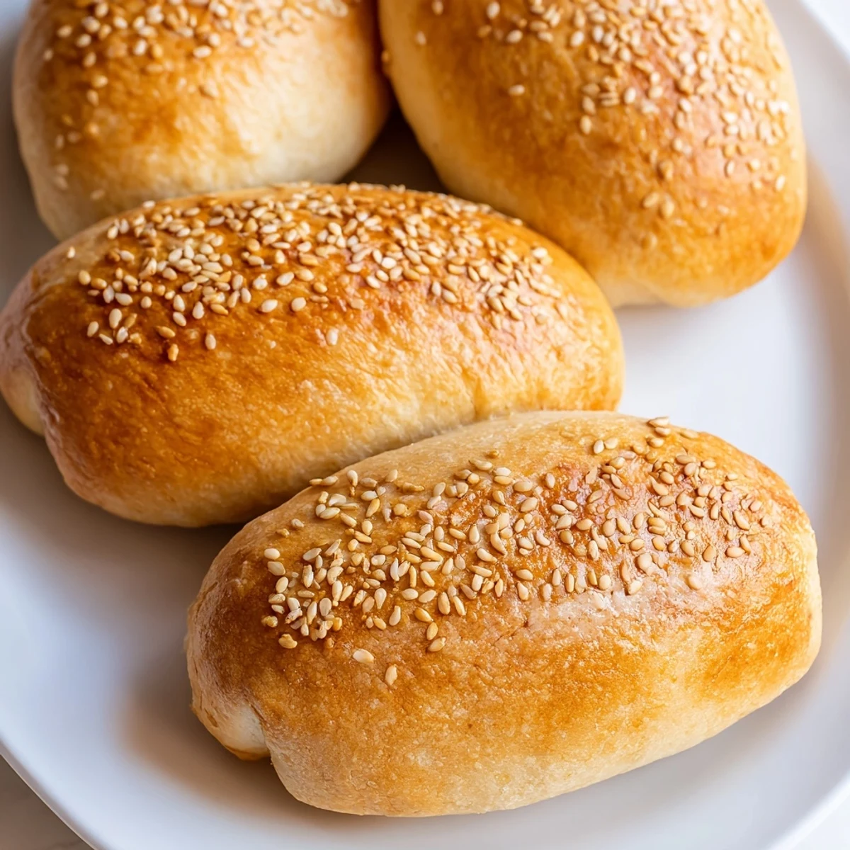 Golden brown sourdough discard hot dog buns topped with sesame seeds on parchment paper.