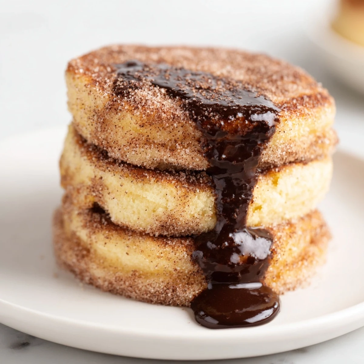 Fluffy Spanish Churro Pancakes stacked high with rich chocolate sauce drizzling down the sides
