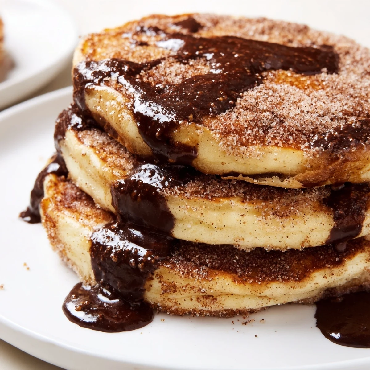 Golden Spanish Churro Pancakes dusted with cinnamon sugar on a white ceramic breakfast plate
