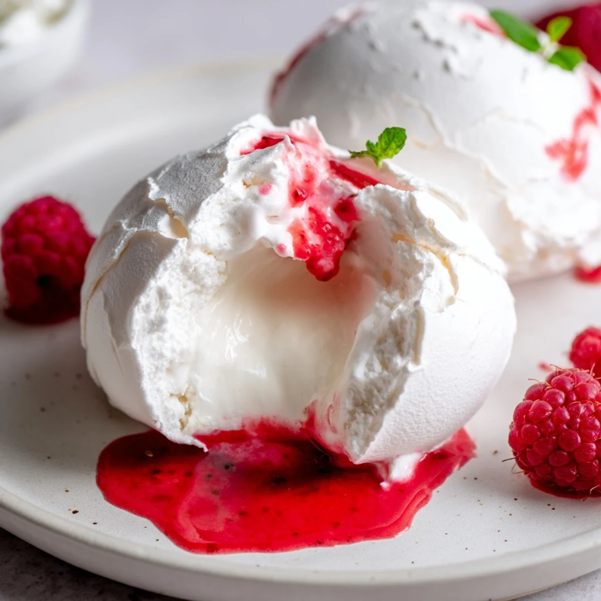 Crisp Pavlova bombs with billowy cream filling and bright red raspberry coulis drizzled on top