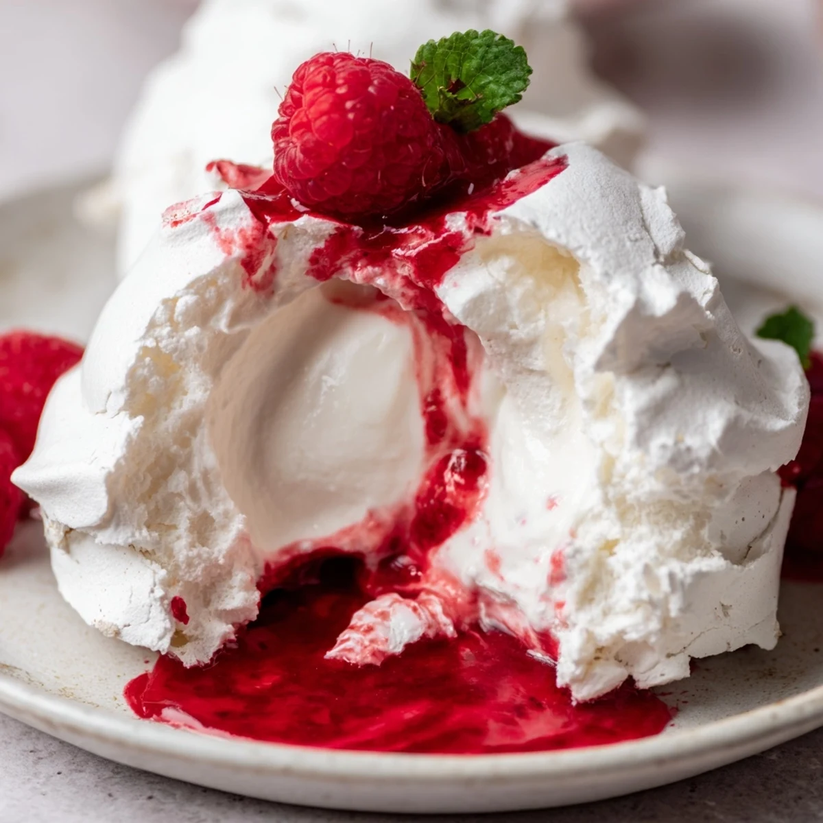Golden meringue Pavlova bombs topped with fluffy whipped cream and glossy raspberry coulis