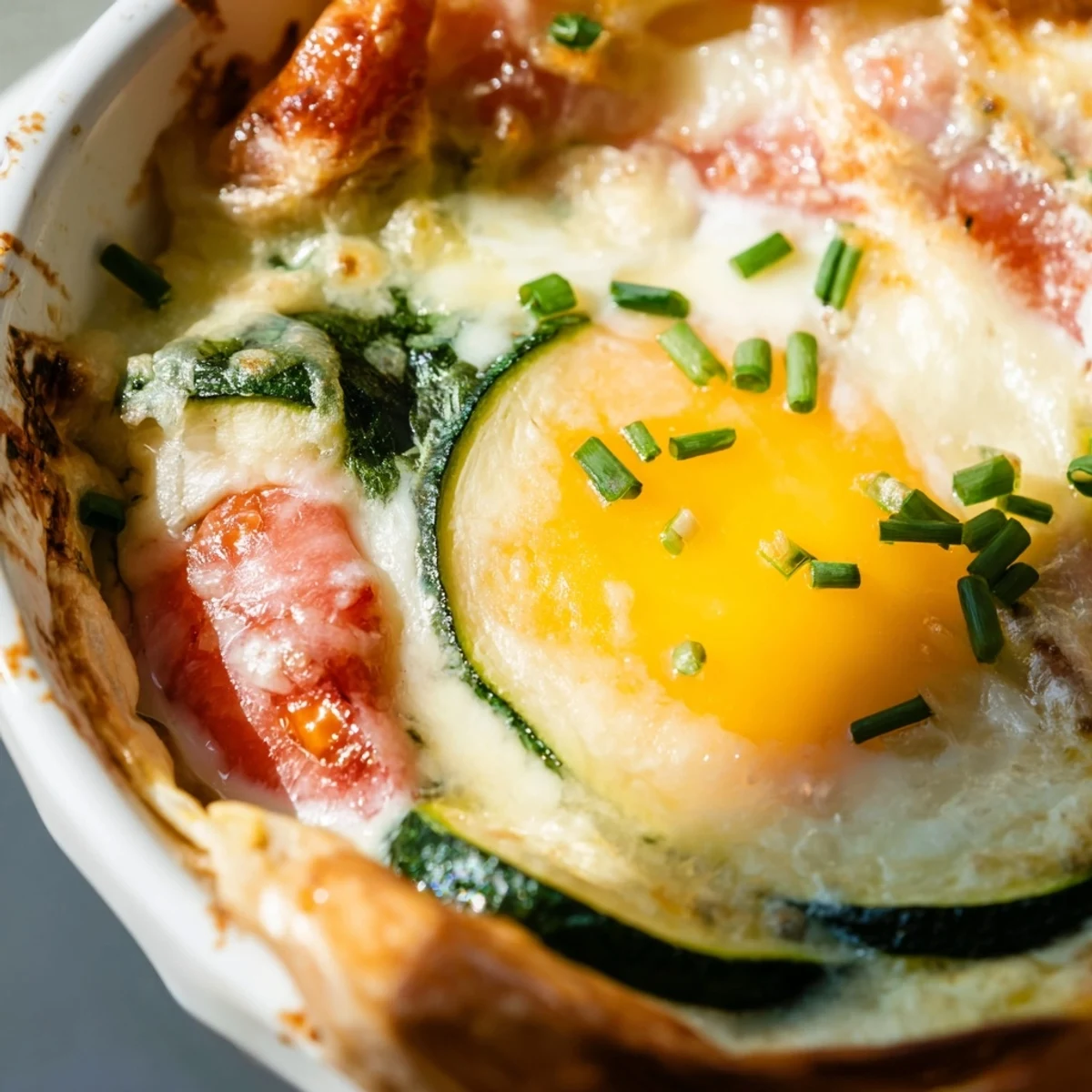 Golden baked eggs Napoleon with creamy Gruyère sauce in a white ramekin