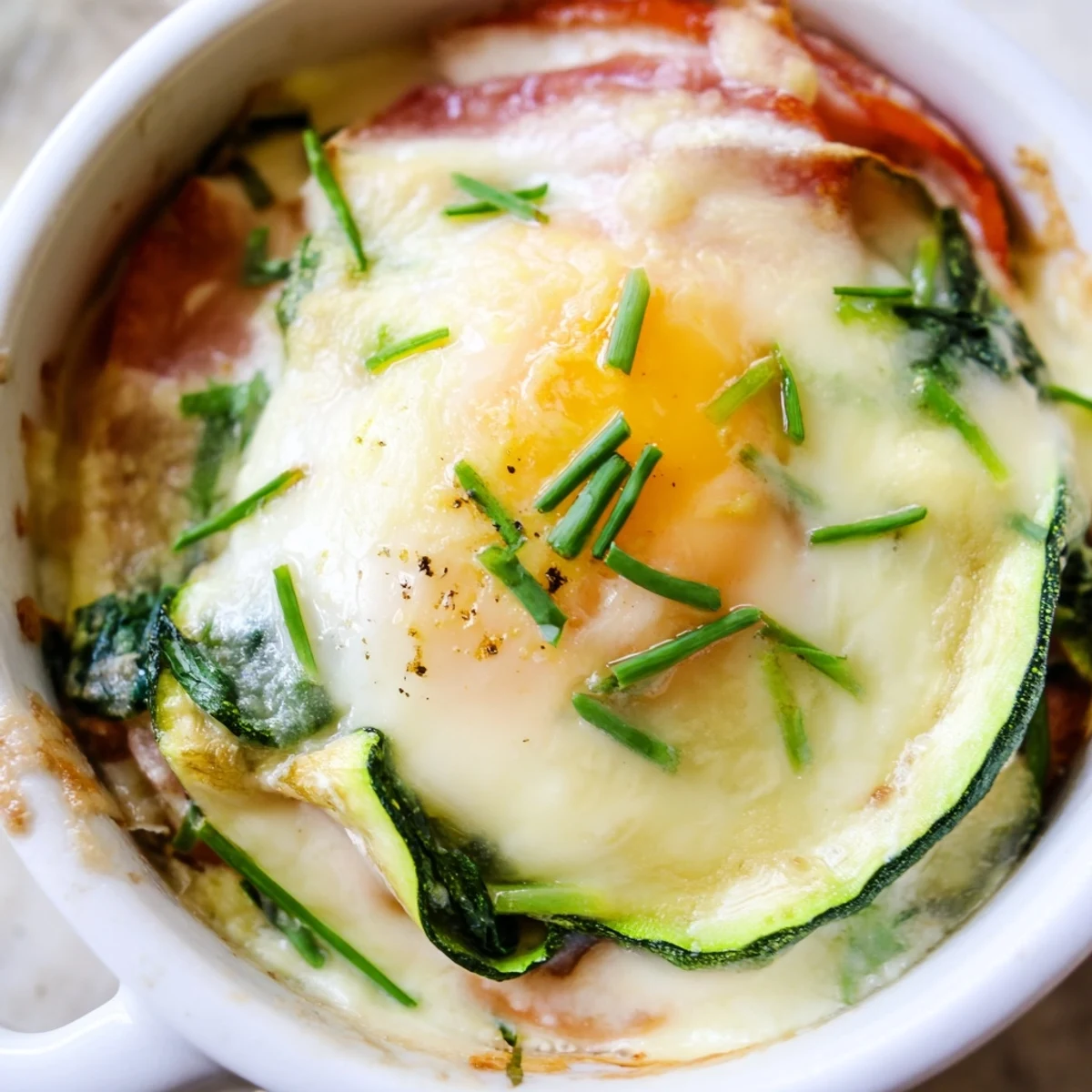 Layered baked eggs Napoleon featuring wilted spinach ham and velvety cheese sauce