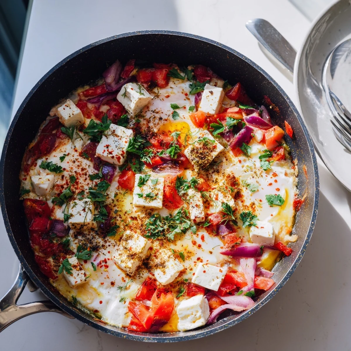 Creamy baked feta eggs with tomatoes and herbs in a rustic cast iron skillet
