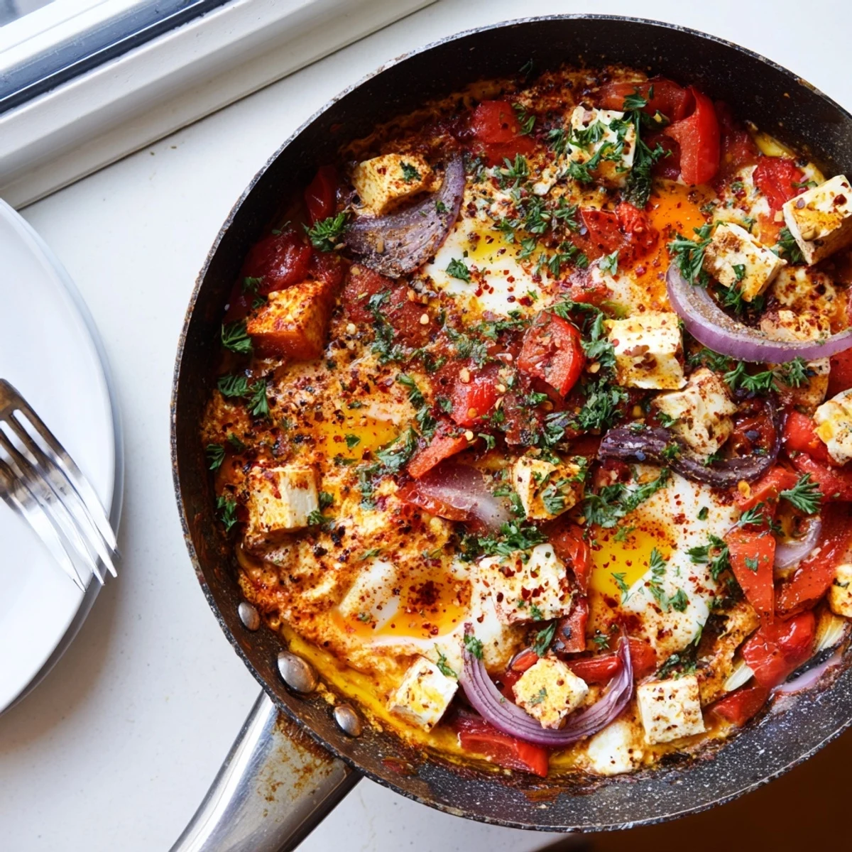 Golden baked feta eggs topped with fresh parsley and red pepper flakes