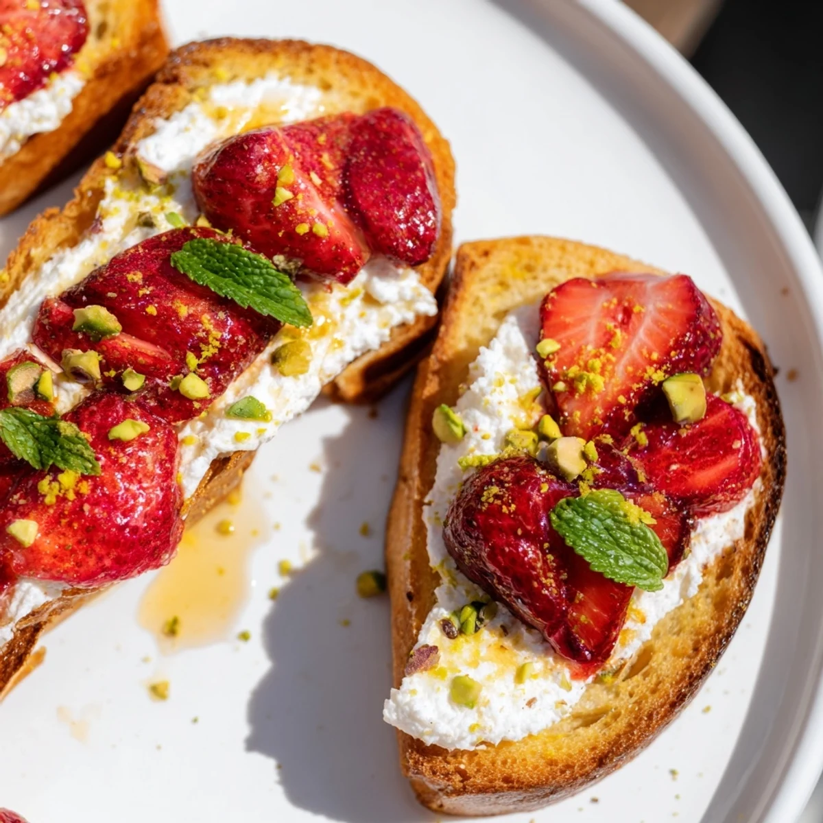 Golden toasted sourdough topped with fluffy whipped ricotta and glistening oven-roasted strawberries for a sweet brunch treat.