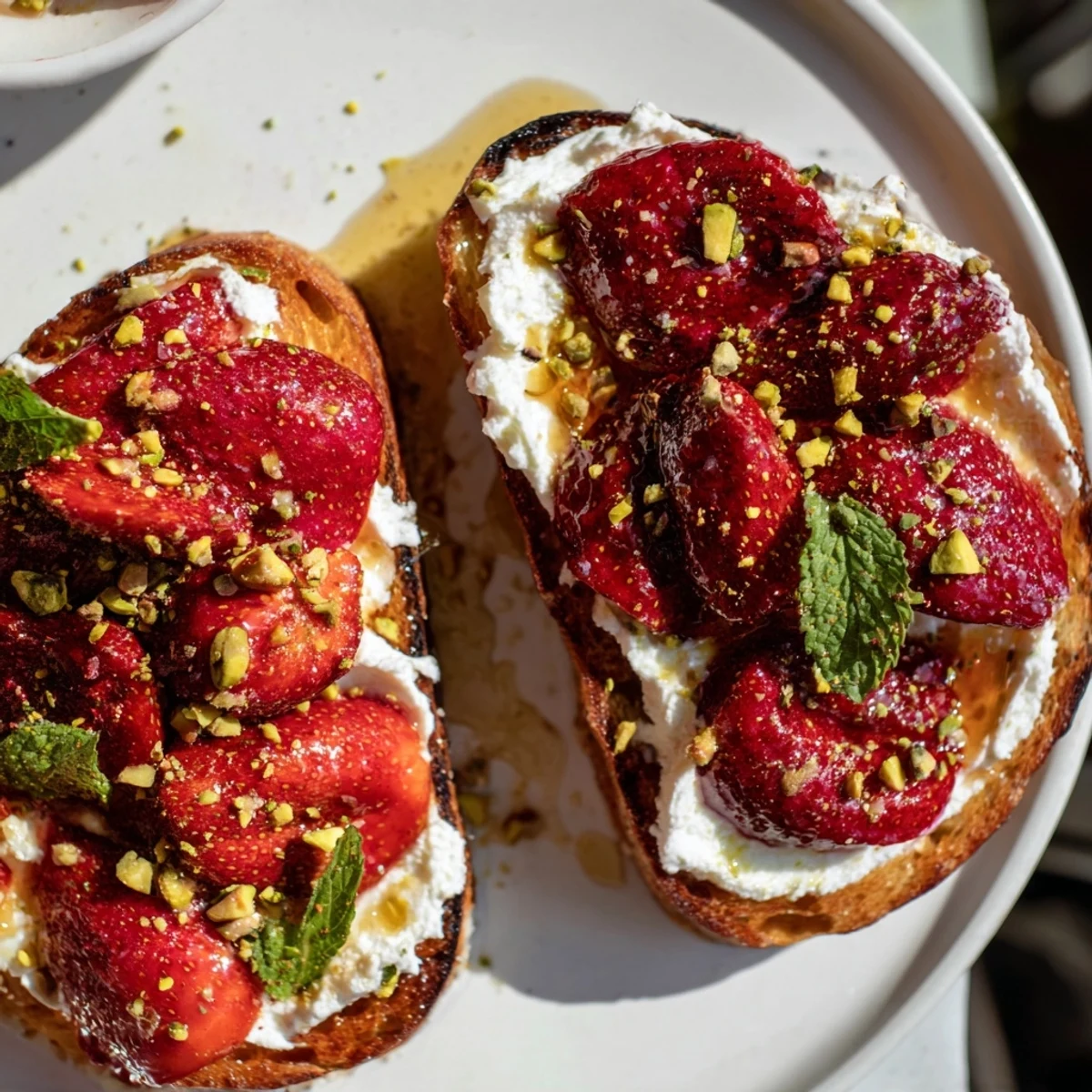 Creamy lemon-kissed whipped ricotta spread on crispy bread with ruby roasted strawberries and fresh mint garnish.