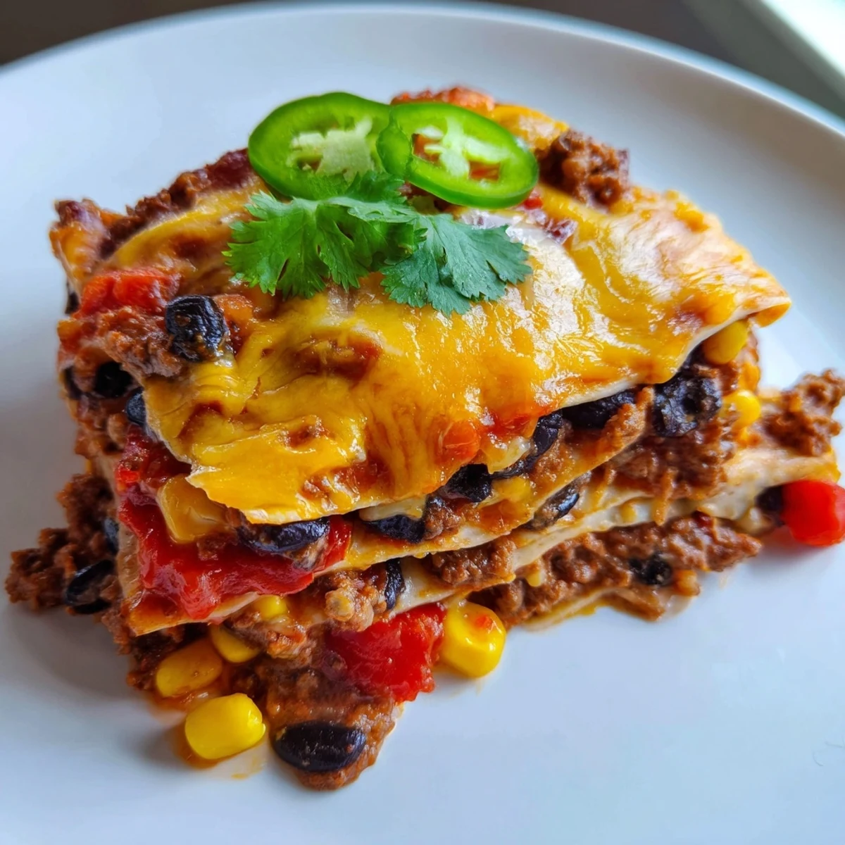 Golden bubbling Mexican lasagna with layers of seasoned beef, beans, and melted cheese