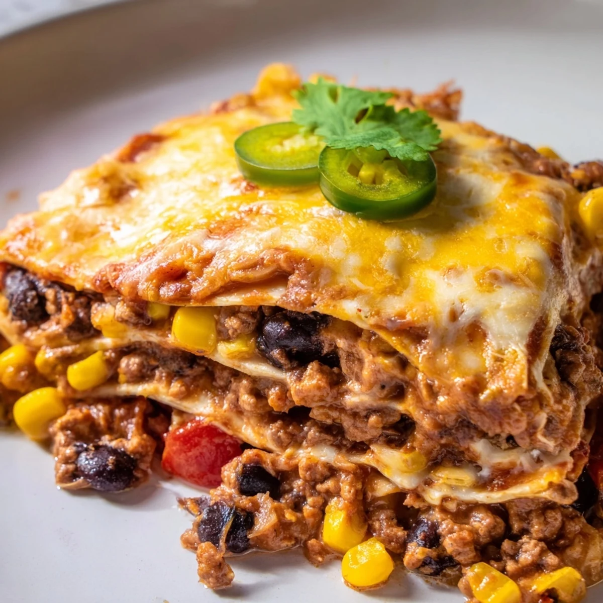 Mexican lasagna fresh from the oven topped with cilantro, jalapeños, and sour cream