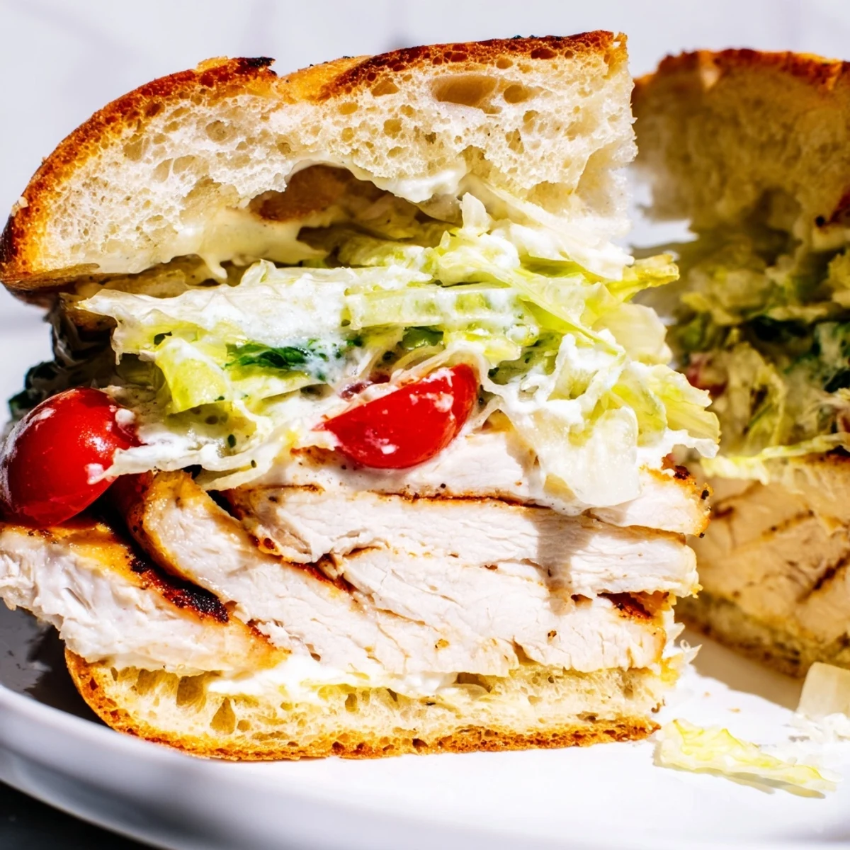 Juicy grilled chicken Caesar sandwich with crisp romaine and creamy dressing on golden toasted ciabatta