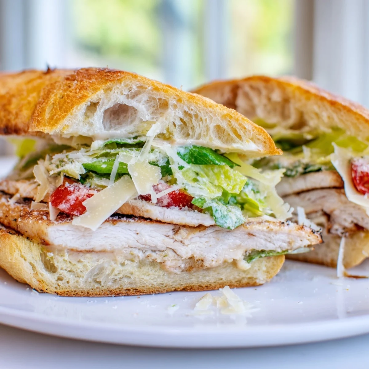 Crisp romaine and shaved Parmesan top this grilled chicken Caesar sandwich on crusty bread