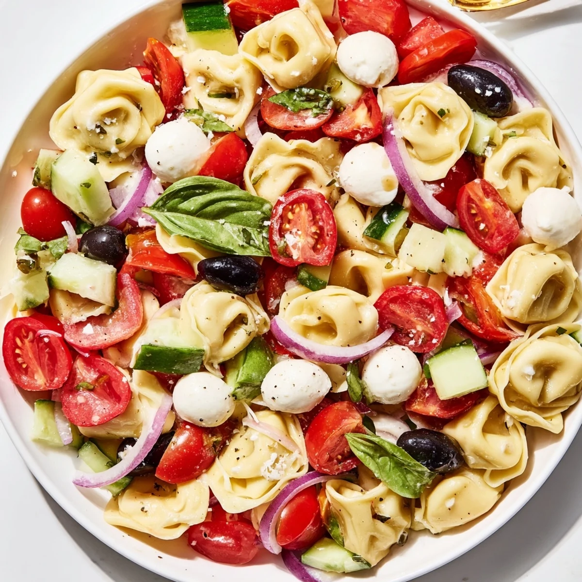 Cheese tortellini salad loaded with cherry tomatoes, cucumber, and fresh basil leaves