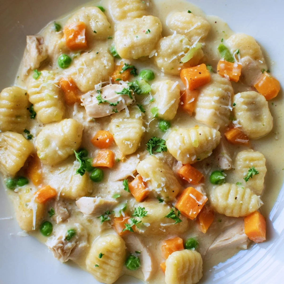 One Pot Gnocchi Chicken Pot Pie bubbling with pillowy dumplings and shredded chicken in rich gravy