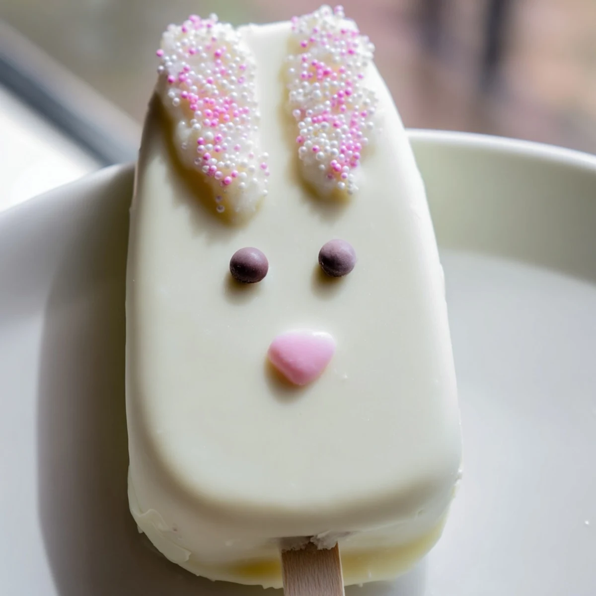 Creamy white chocolate bunny cakesicles decorated with sprinkles for festive Easter celebration