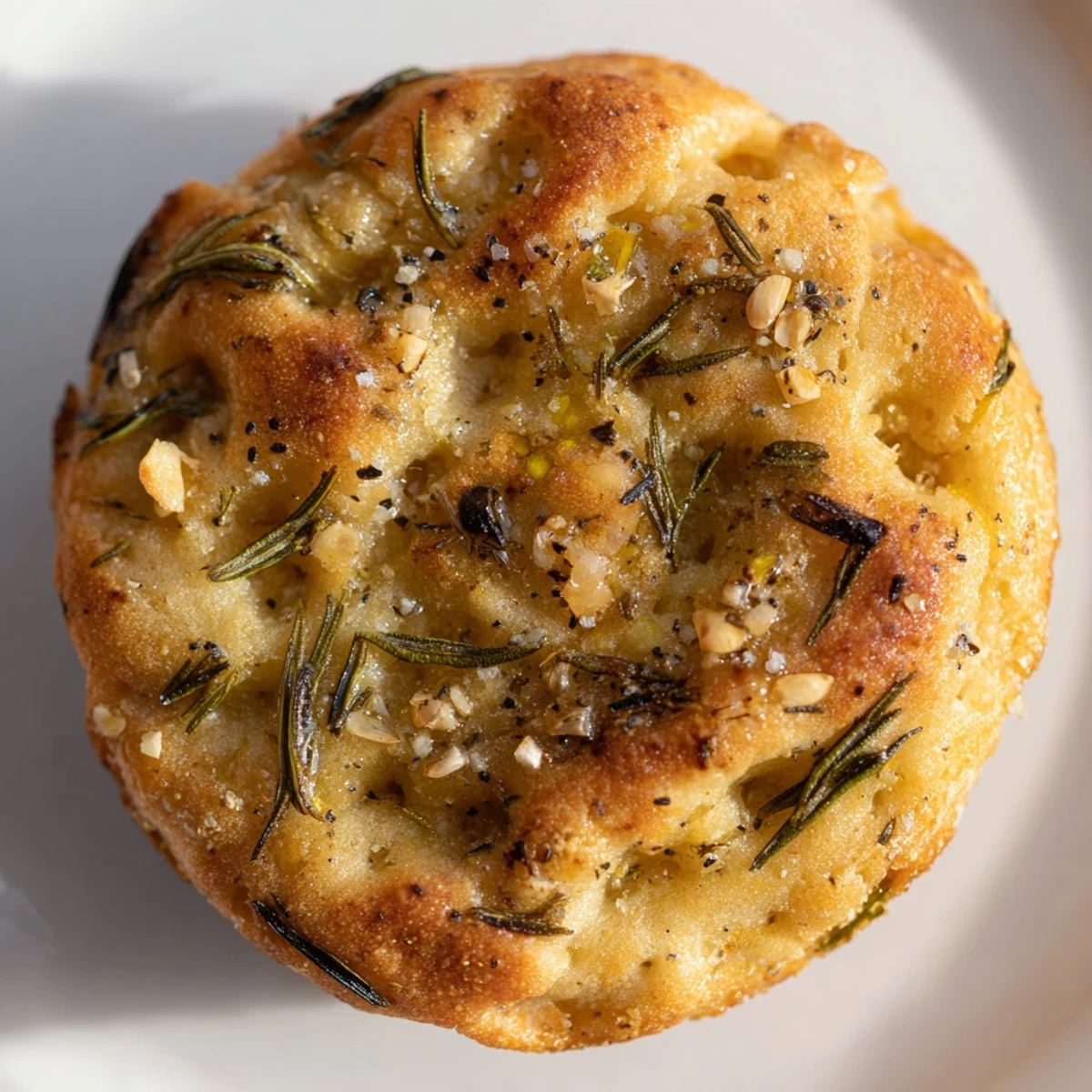 Golden Garlic Rosemary Focaccia Muffins fresh from the oven with crispy, herb-flecked tops