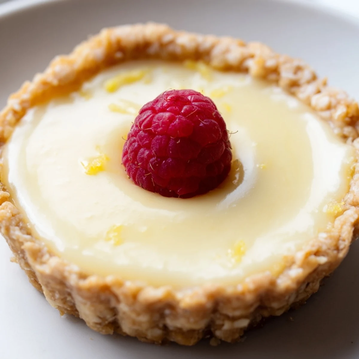 Golden mini vegan lemon tarts topped with fresh berries on a white serving plate