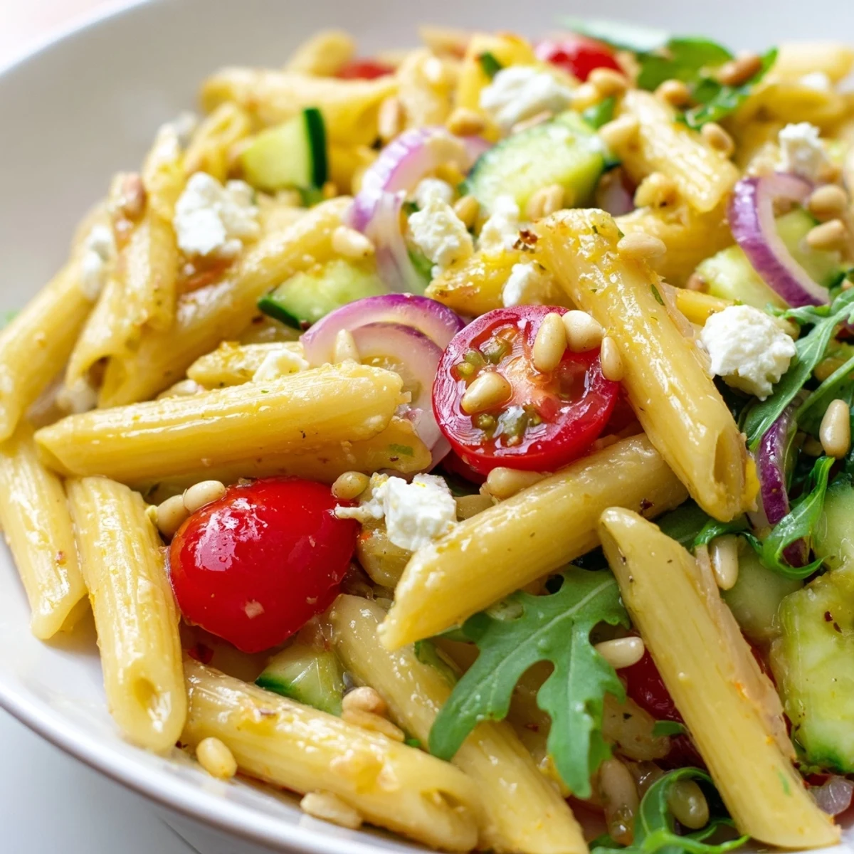 Quick Lemon Arugula Pasta Salad tossed with cherry tomatoes and crumbled feta in a bright bowl