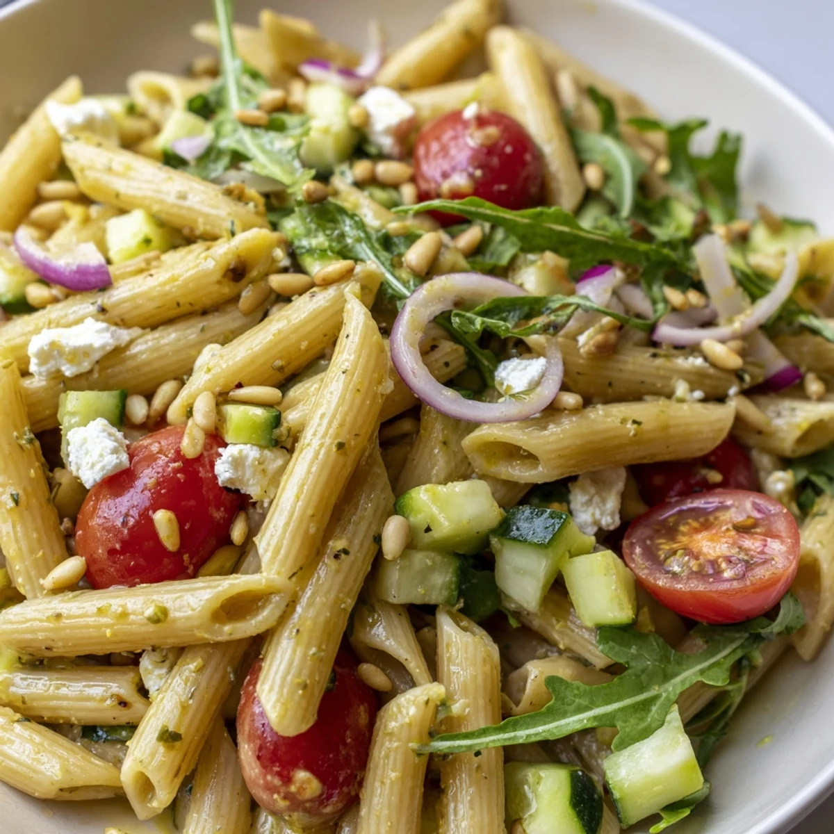Colorful Quick Lemon Arugula Pasta Salad featuring fresh greens, diced cucumber, and zesty citrus dressing
