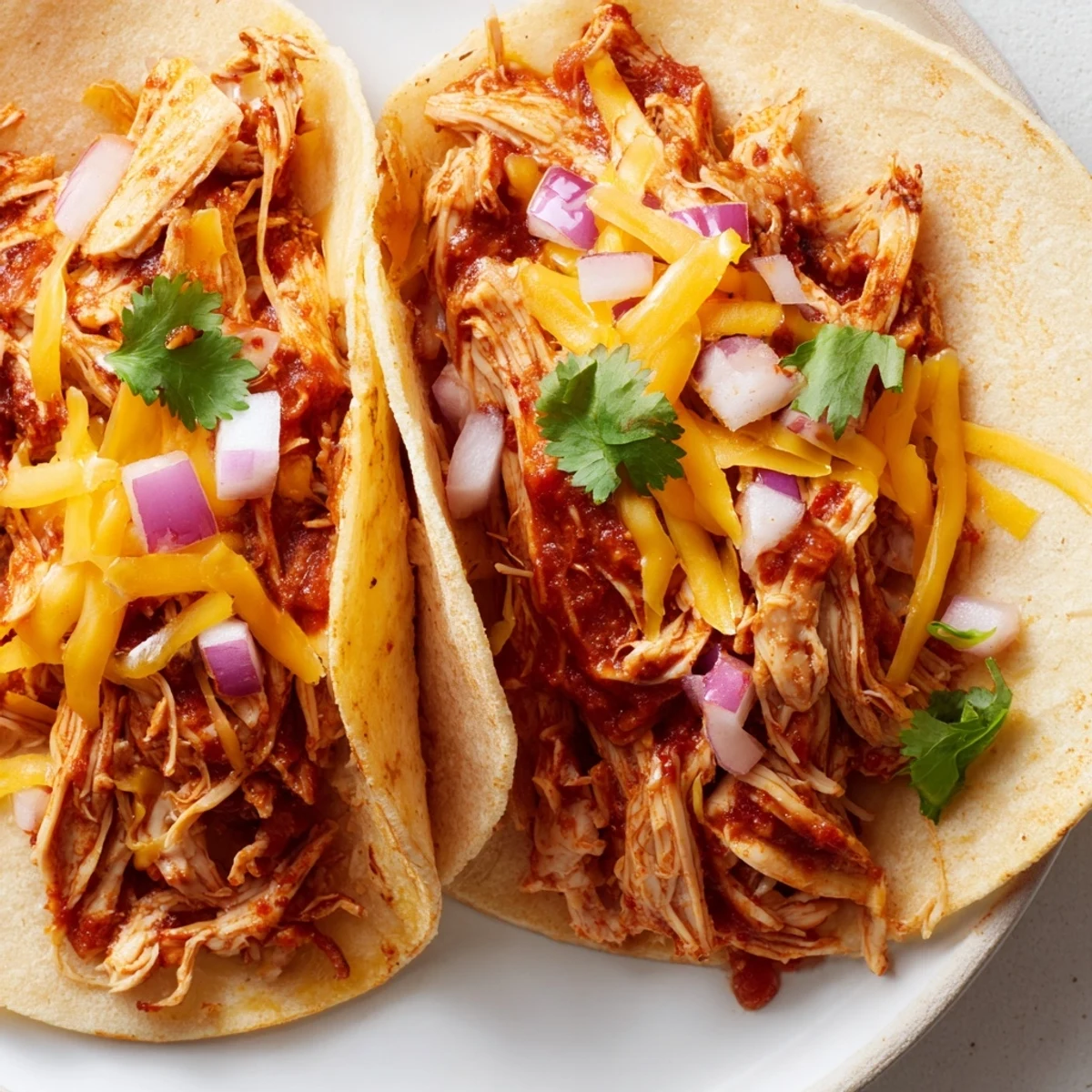 Slow Cooker Shredded Chicken Tacos piled high with fresh lettuce, cheese, and creamy avocado slices