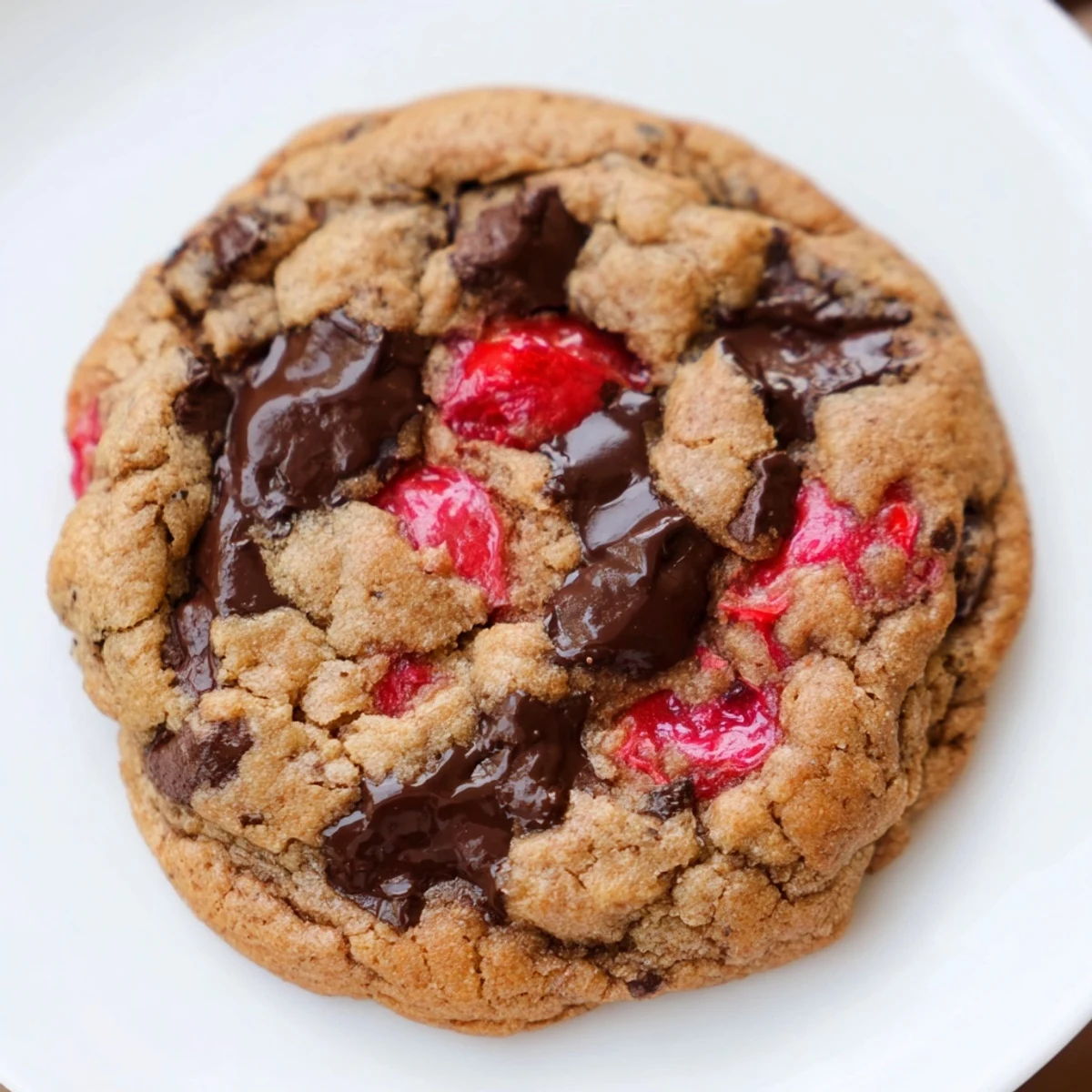 Soft maraschino cherry chocolate chip cookies with melted chips and vibrant red fruit pieces