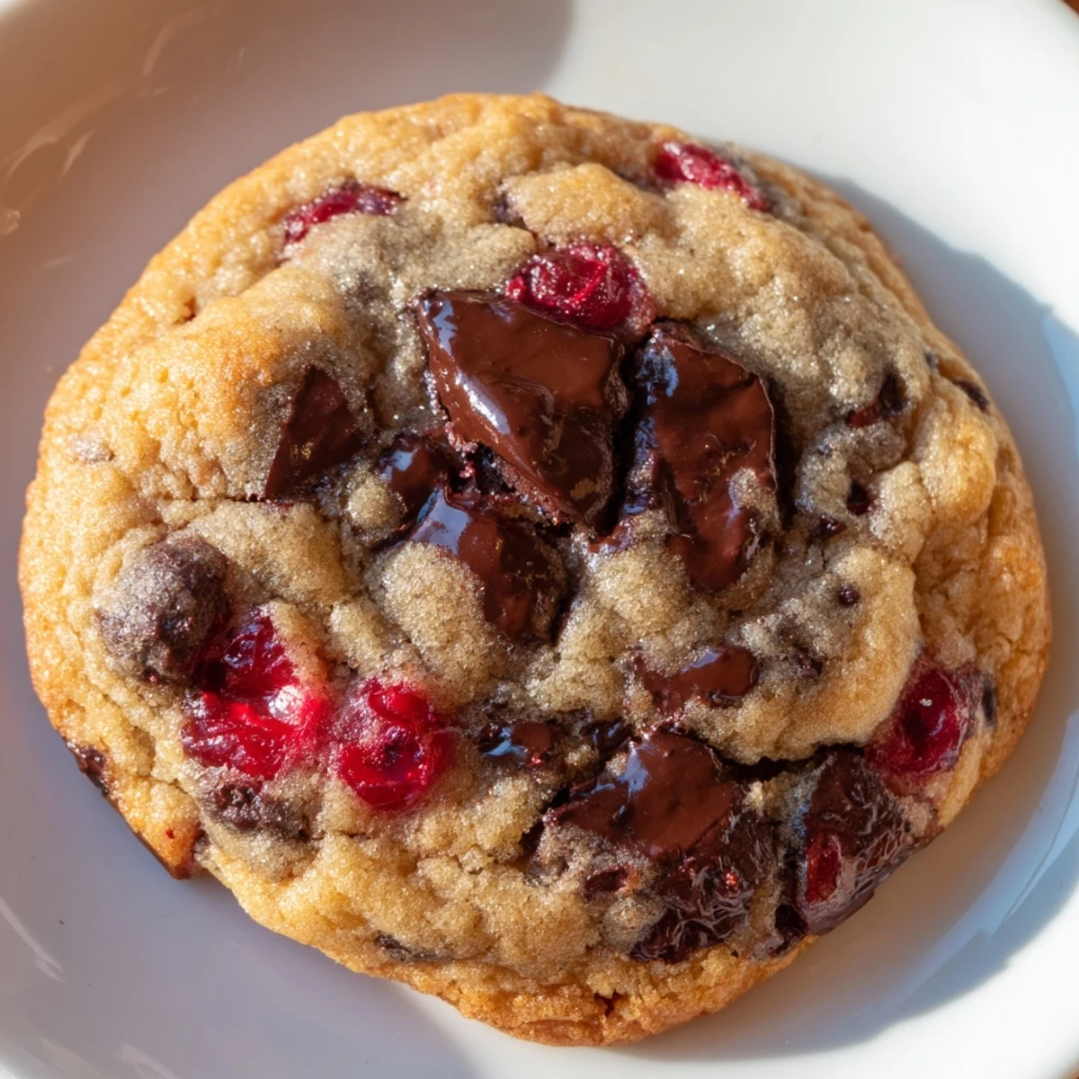 Chewy maraschino cherry chocolate chip cookie with golden edges and colorful cherry flecks throughout