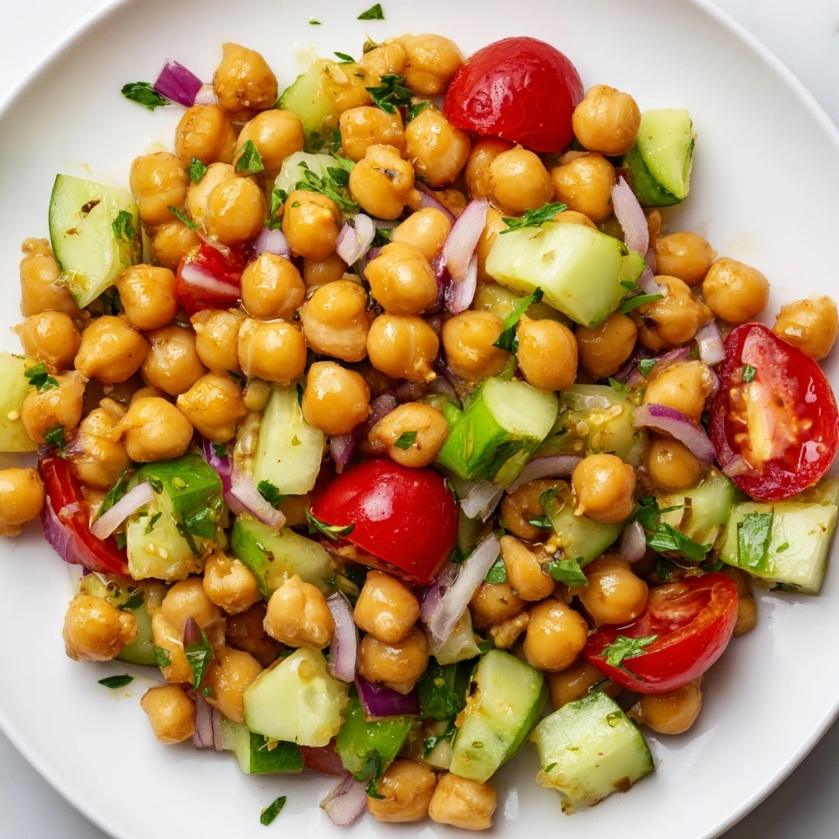 Chickpea cucumber salad in a white bowl with fresh herbs and lemon dressing