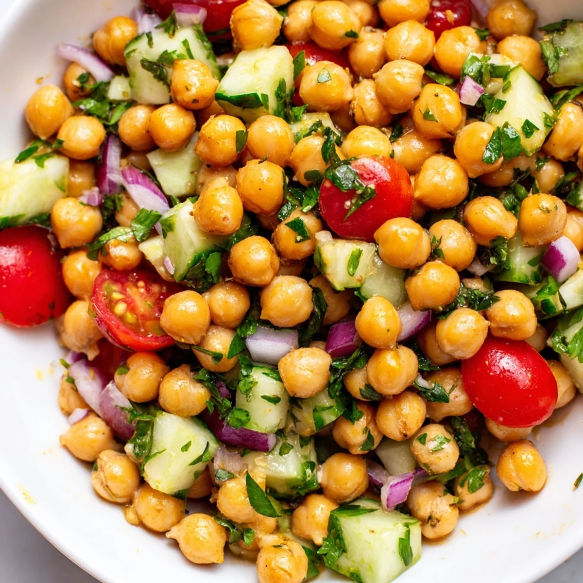 Colorful chickpea cucumber salad featuring ripe tomatoes, red onion, and bright parsley
