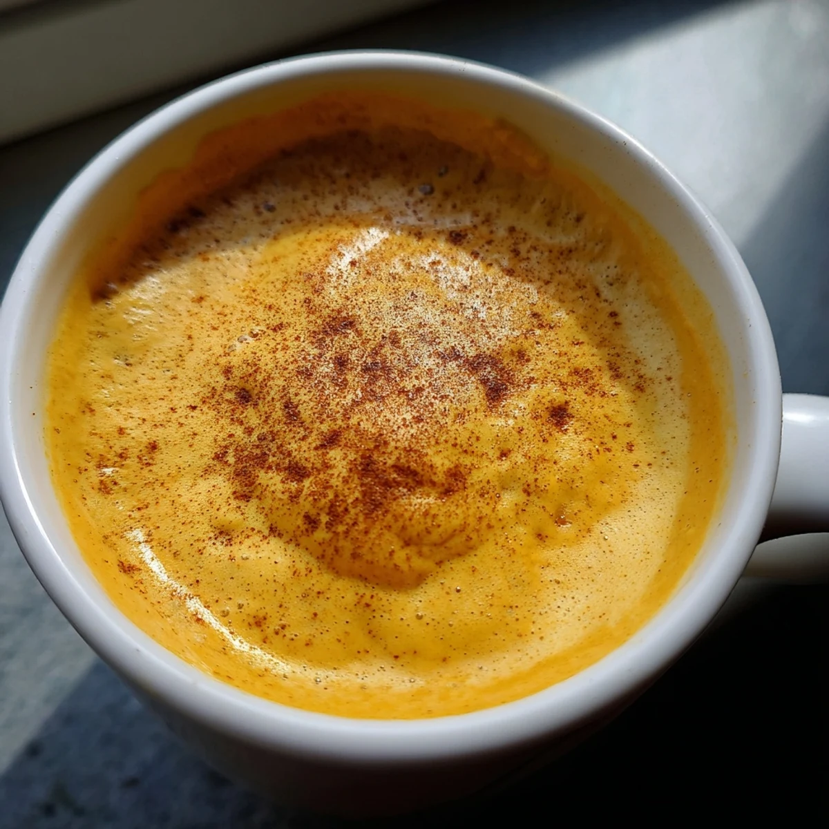 Vibrant purple Korean sweet potato latte poured into two ceramic mugs