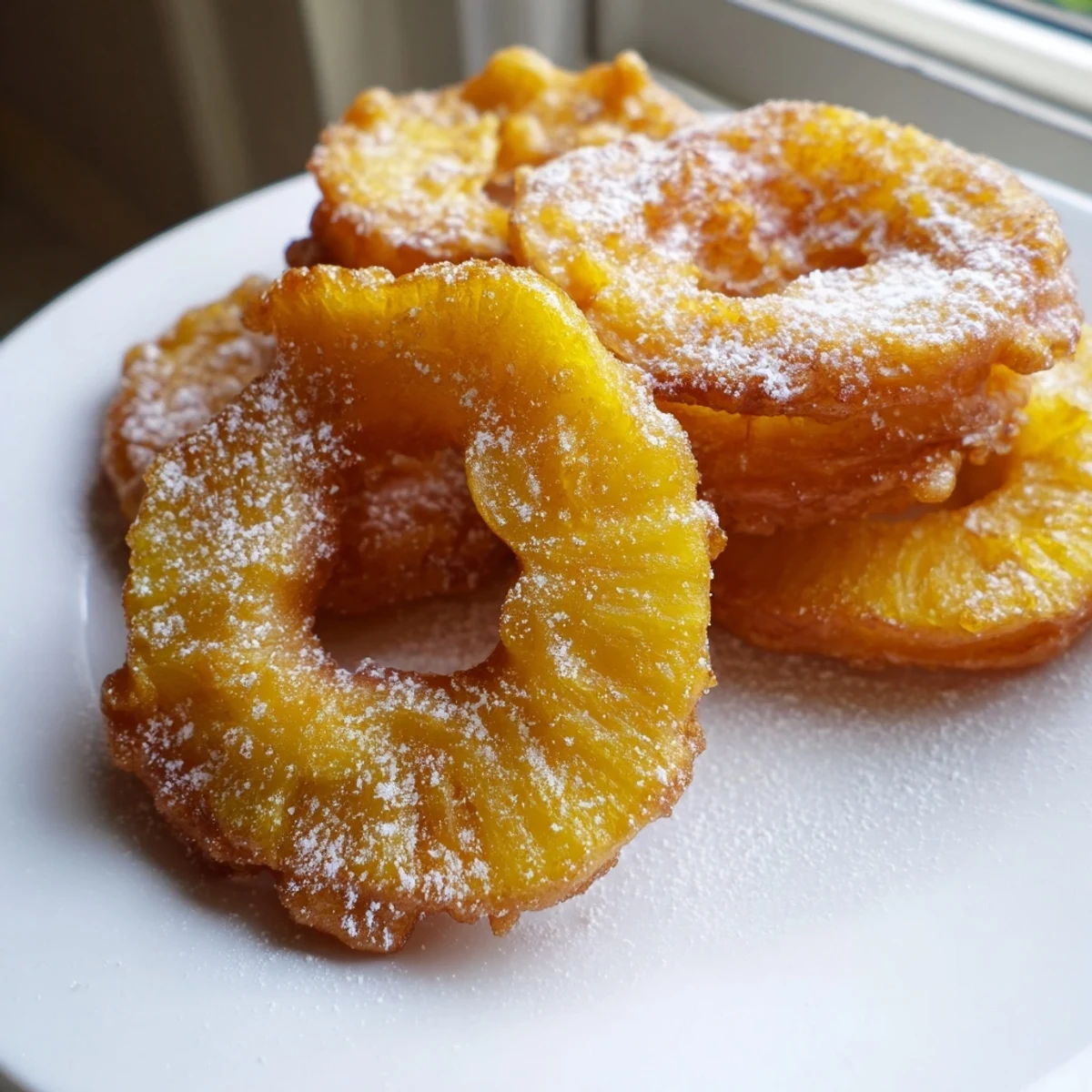 Crispy golden fried pineapple rings dusted with powdered sugar on a rustic plate